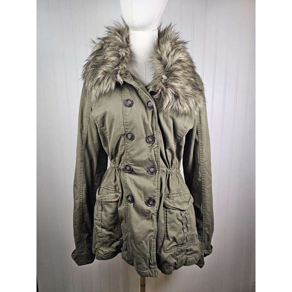 Hollister Army Green Faux Fur Trim Coat Women's‎ Size L NWT Military Bella Swan